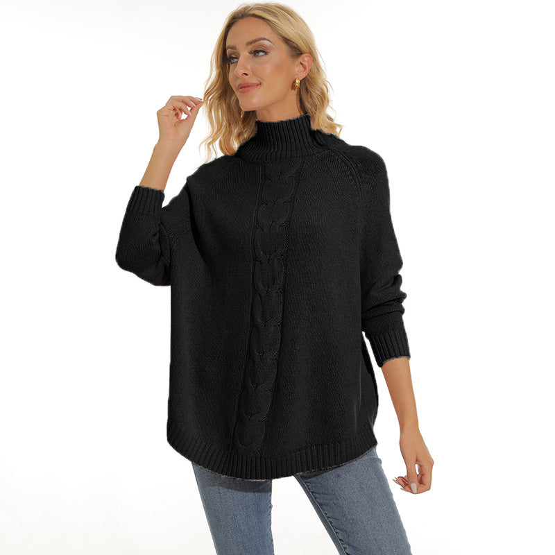Damen gemütlicher Strickpullover mit hochgeschlossenem Kragen und modischem Zopfmuster Heidi-Mode