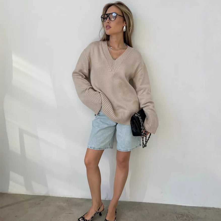 Damen lässiger V-Ausschnitt Pullover mit strukturierter Textur Heidi-Mode