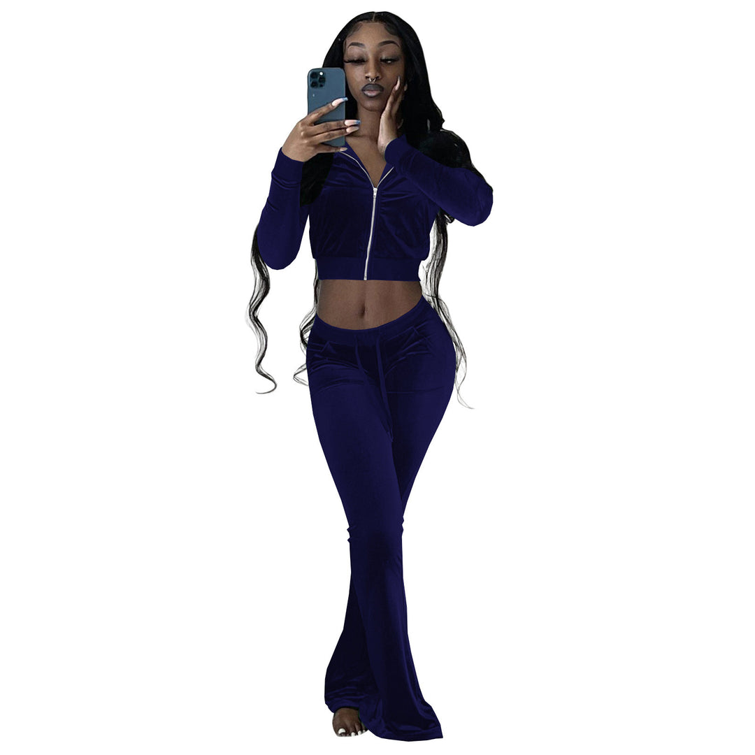 Damen Komfortables Lounge-Set aus weichem Veloursstoff mit Zip-Oberteil und weitem Bein Heidi-Mode