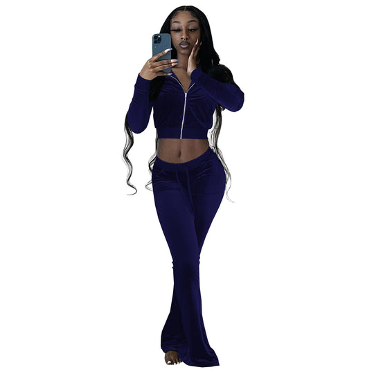 Damen Komfortables Lounge-Set aus weichem Veloursstoff mit Zip-Oberteil und weitem Bein Heidi-Mode