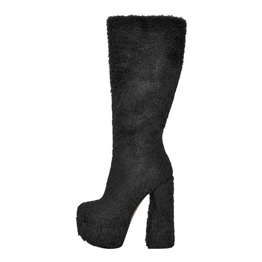 Damen Über-Knie Schuhe mit Pelzbesatz und Plattform Heidi-Mode