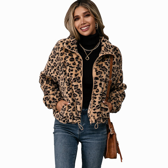 Damen Fleecejacke mit Leoparddruck und seitlichen Taschen Heidi-Mode
