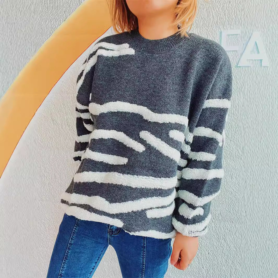 Damen lässiger Strickpullover mit modernem Zebrastreifenmuster Heidi-Mode