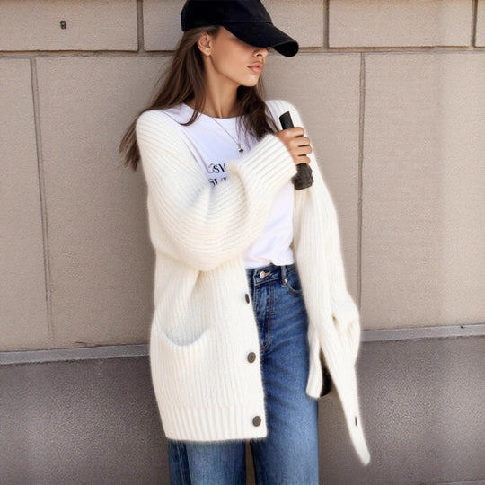 Damen Grobstrick-Cardigan mit einzigartigen Strukturmustern und praktischen Taschen Heidi-Mode