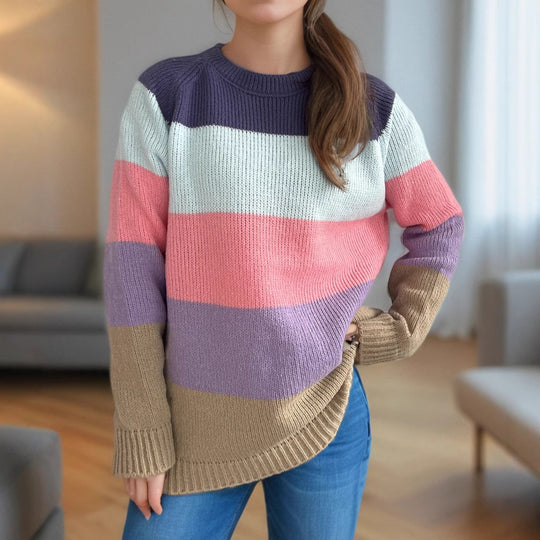 Damen lässiger Strickpullover mit bunten Blockstreifen und weitem Schnitt Heidi-Mode