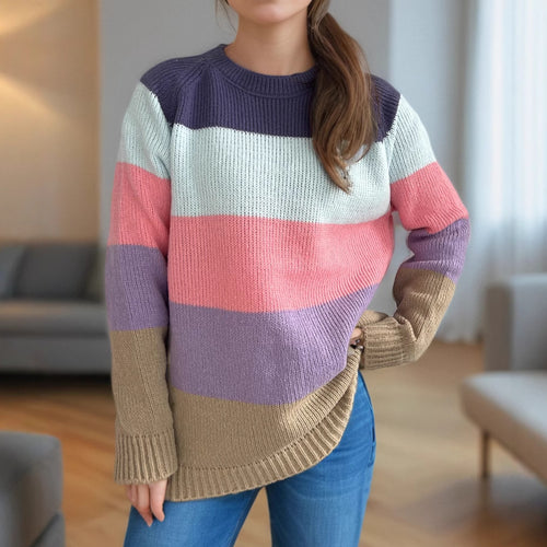 Damen lässiger Strickpullover mit bunten Blockstreifen und weitem Schnitt Heidi-Mode
