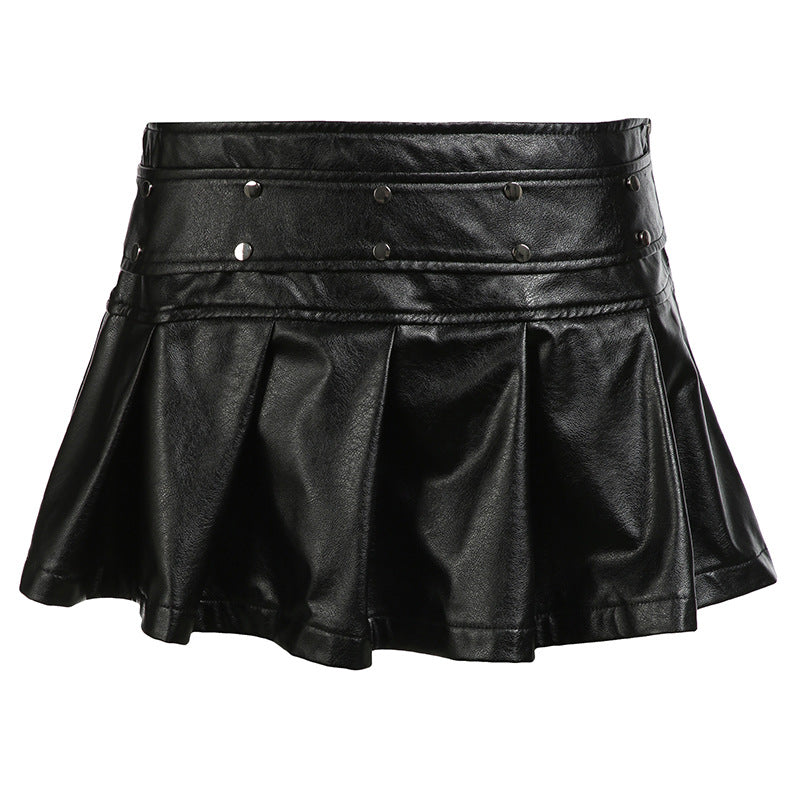 Heidi-Mode | Street Locomotive Stitching Rivet Leder Miniröcke Sexy Sexy Reißverschluss Enger Taille Rock Plissierter Rock