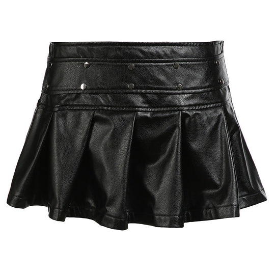 Heidi-Mode | Street Locomotive Stitching Rivet Leder Miniröcke Sexy Sexy Reißverschluss Enger Taille Rock Plissierter Rock
