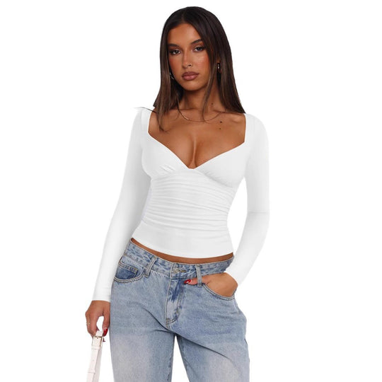 Damen figurbetontes Langarmoberteil mit V-Ausschnitt und Raffungen Heidi-Mode