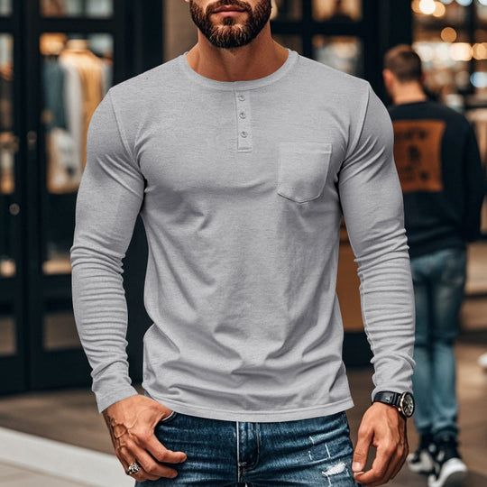 Herren Langarmshirt mit Knopfleiste und Brusttasche Heidi-Mode