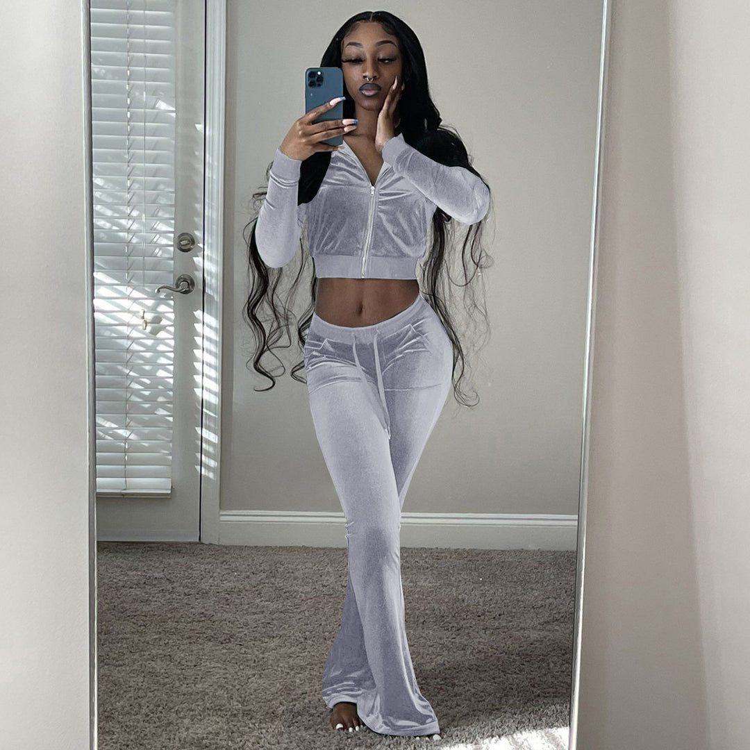 Damen Komfortables Lounge-Set aus weichem Veloursstoff mit Zip-Oberteil und weitem Bein Heidi-Mode