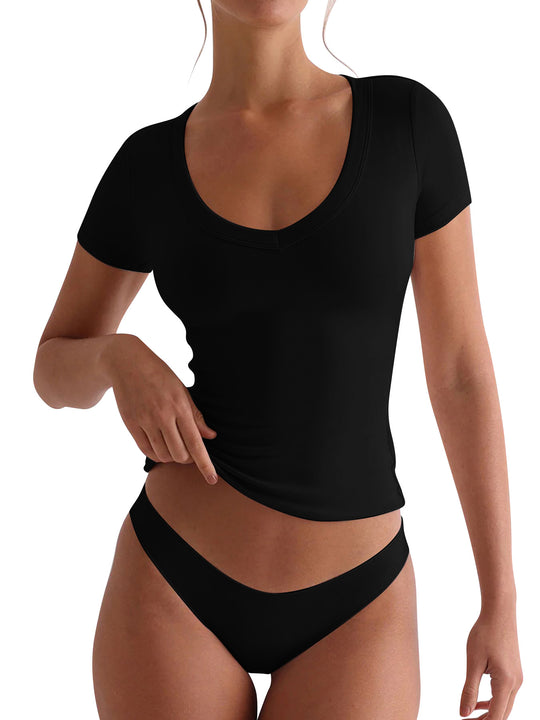 Damen figurbetontes V-Neck T-Shirt mit kurzen Ärmeln Heidi-Mode