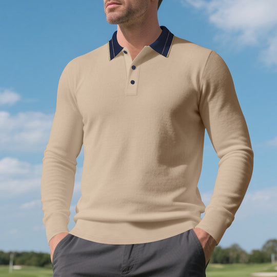 Herren Langarm-Poloshirt aus weichem Baumwollmix mit strukturiertem Kragen Heidi-Mode