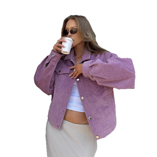 Damen Oversized Cordjacke mit praktischen Taschen und dezentem Streifenmuster Heidi-Mode