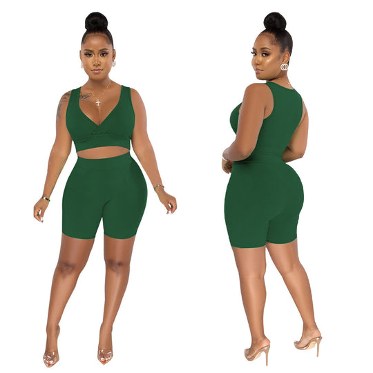 Damen Sportliches Set aus Cropped Oberteil und Radlerhosen mit Rippstruktur Heidi-Mode
