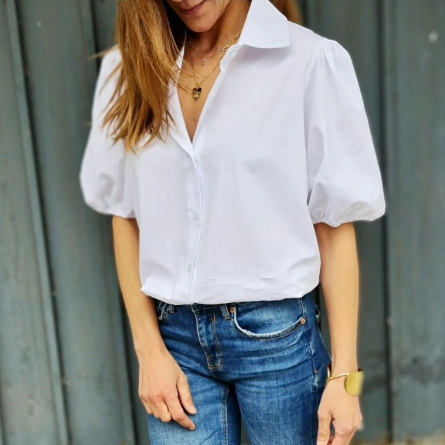 Damen Bluse mit Puffärmeln und klassischem Kragen Heidi-Mode