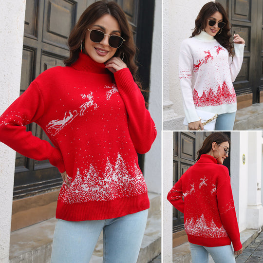 Damen Kuscheliger Weihnachtspullover mit hohem Kragen und festlichem Motiv Heidi-Mode