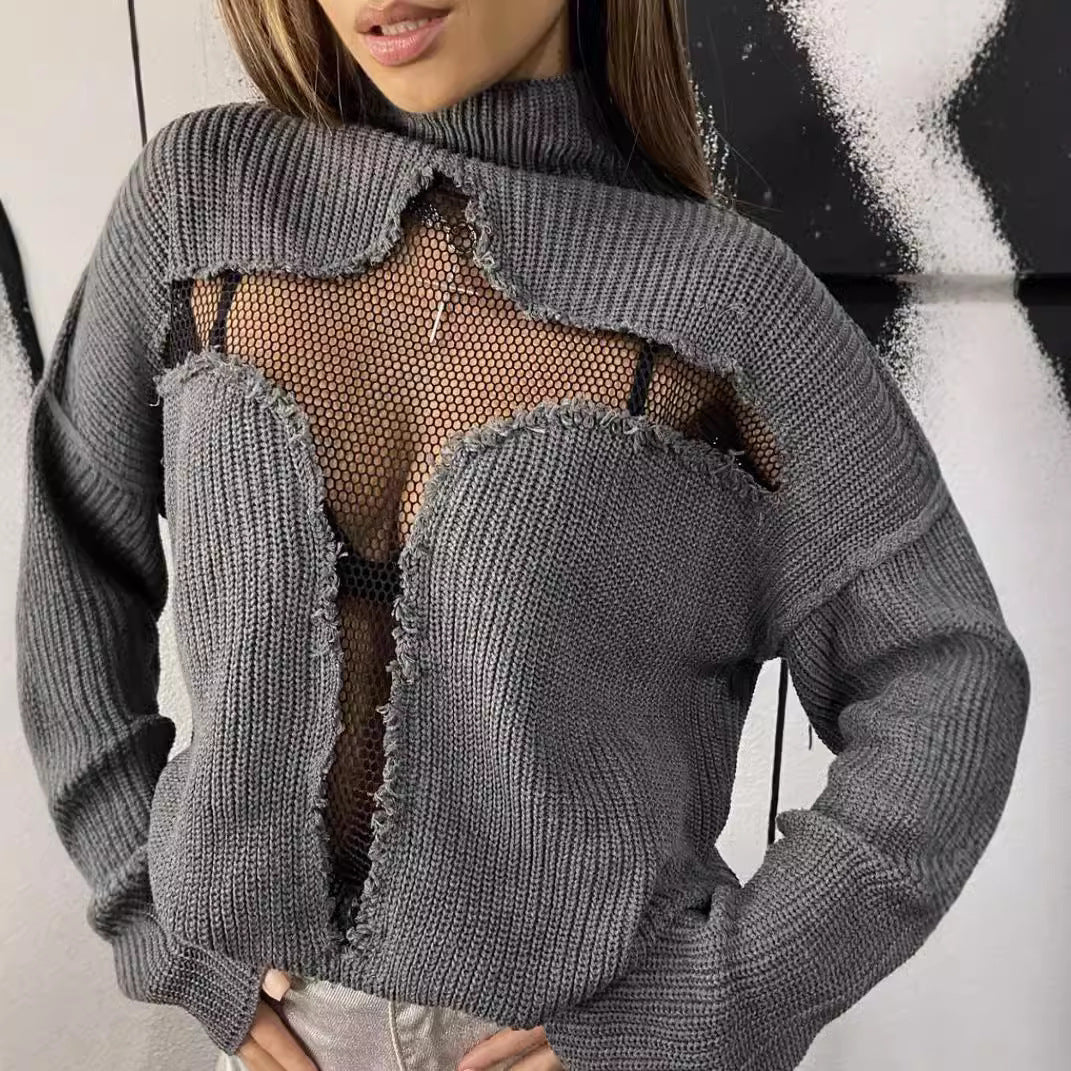 Damen Oversized Strickpullover mit aufregendem Mesh-Einsatz und unkonventionellem Design Heidi-Mode