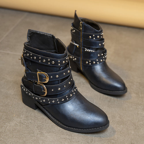 Damen modische Stiefeletten mit verzierten Riemen und Kettenelementen Heidi-Mode