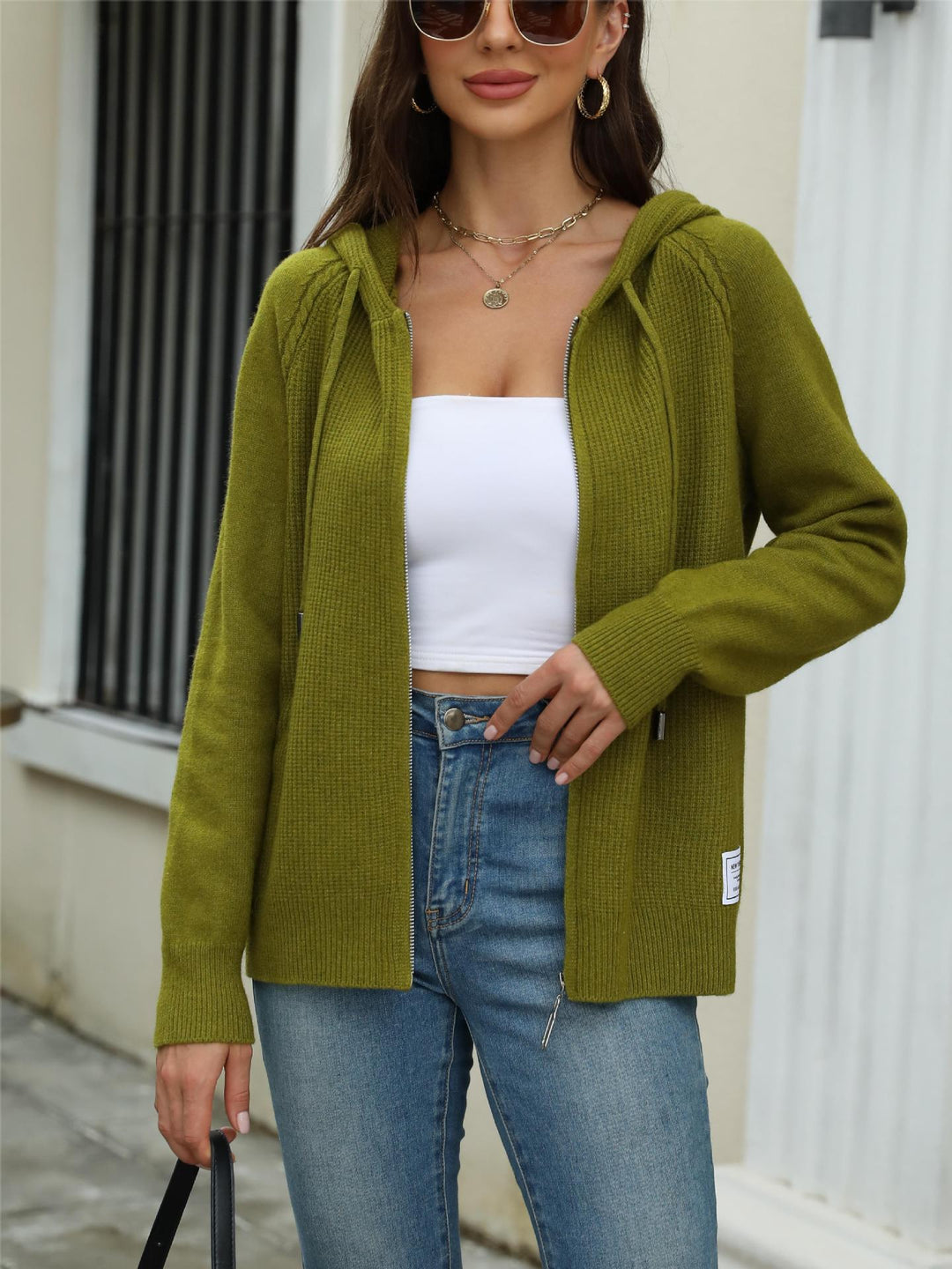 Damen legerer Strickcardigan mit Kapuze und Reißverschluss Heidi-Mode