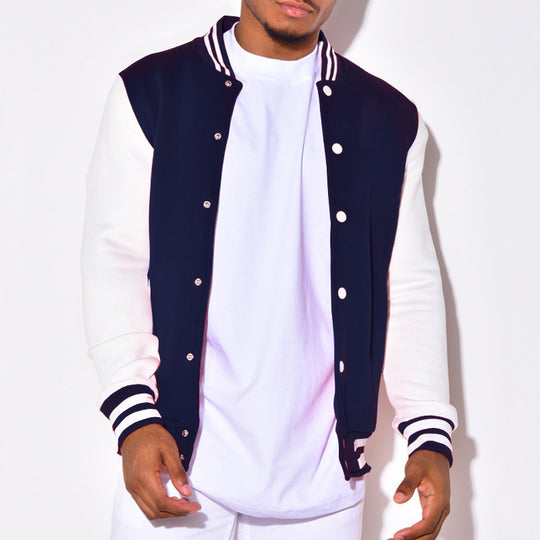 Herren Collegejacke mit kontrastierenden Ärmeln und Druckknopfverschlüssen Heidi-Mode
