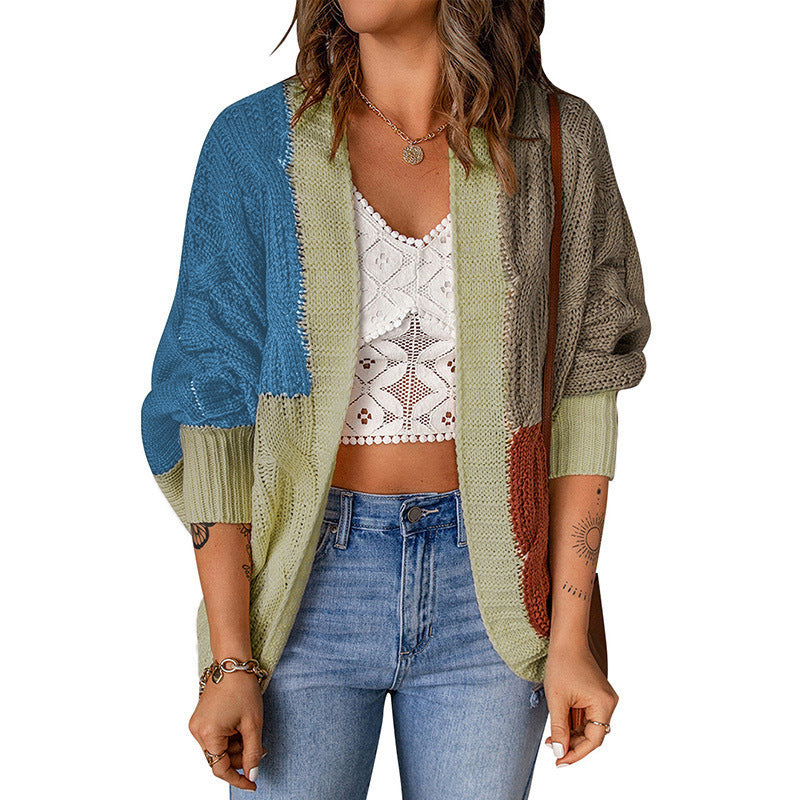 Damen lässige Strickjacke mit buntem Patchwork-Design und weitem Schnitt Heidi-Mode