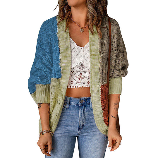 Damen lässige Strickjacke mit buntem Patchwork-Design und weitem Schnitt Heidi-Mode