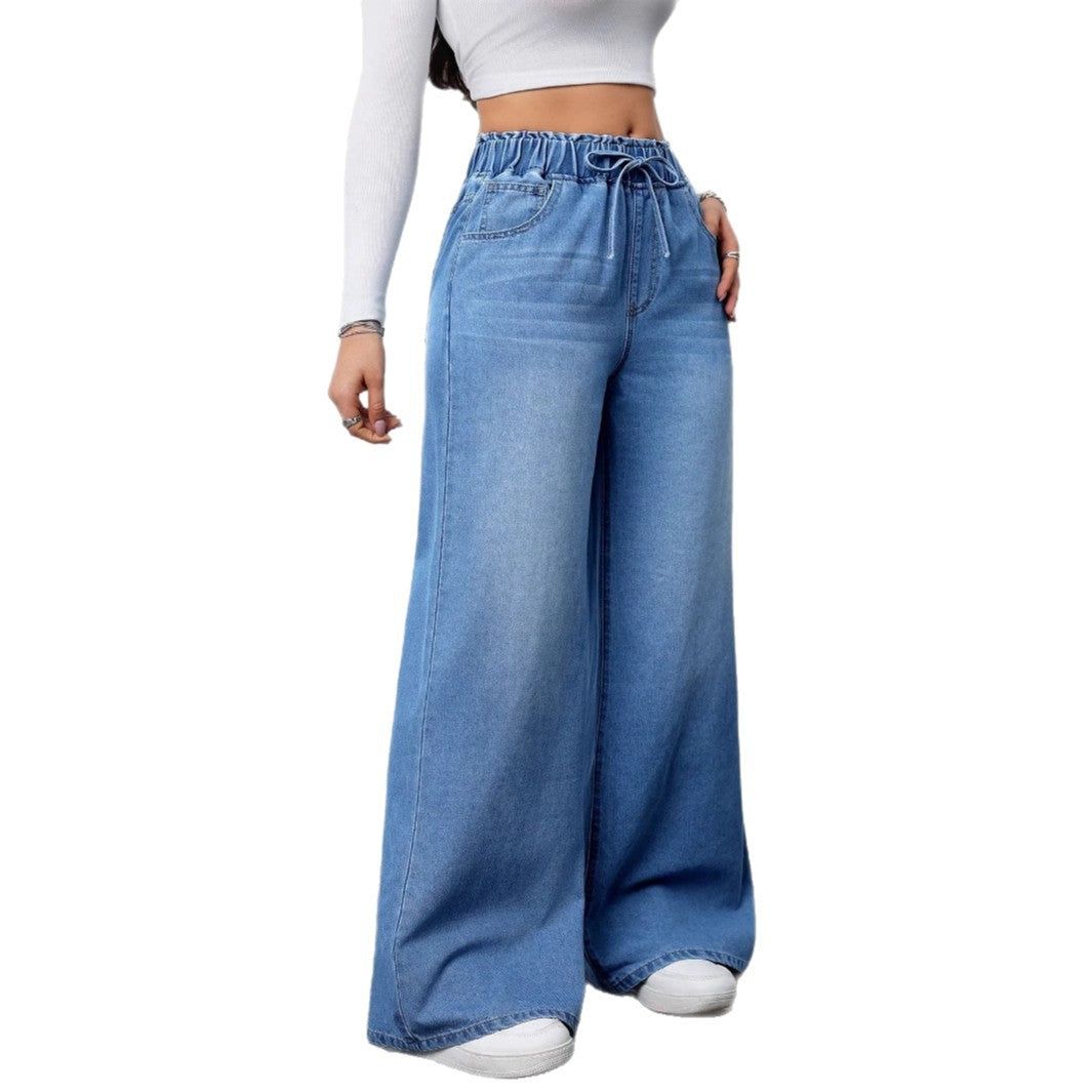 Damen Hochtaillierte Weite Jeans mit bequemem Kordelzug Heidi-Mode