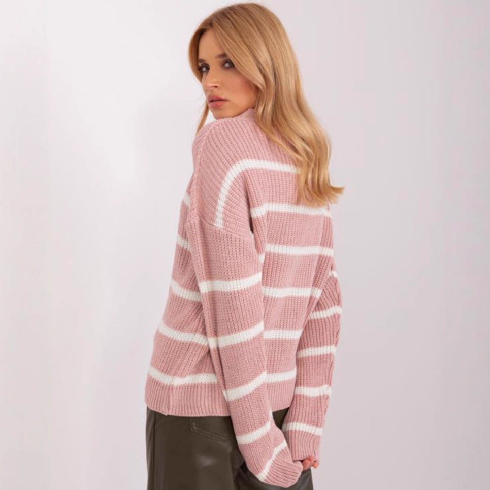 Damen lässiger Strickpullover mit modernem Streifenmuster und weitem Schnitt Heidi-Mode