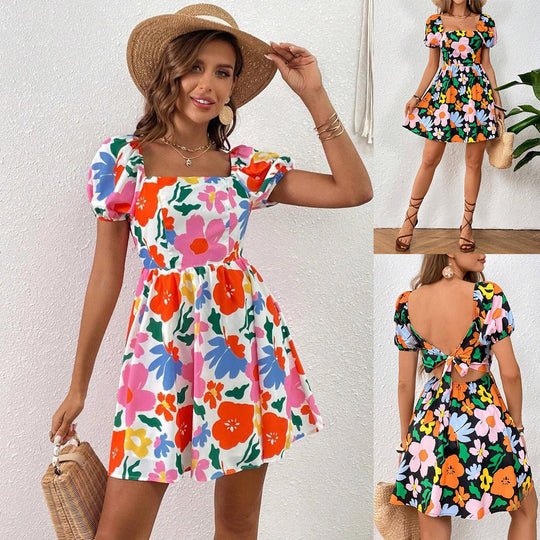 Heidi-Mode | V-Ausschnitt Bedrucktes Strand Kleid mit Laternenärmeln