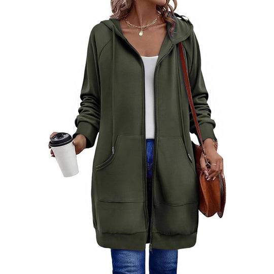 Damen Lange Kapuzenjacke mit Reißverschluss und praktischen Taschen Heidi-Mode