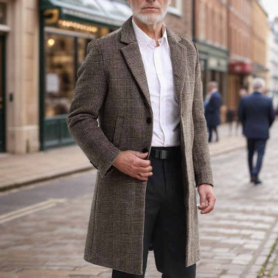 Herren Lang geschnittener Wollmantel mit Karomuster Heidi-Mode