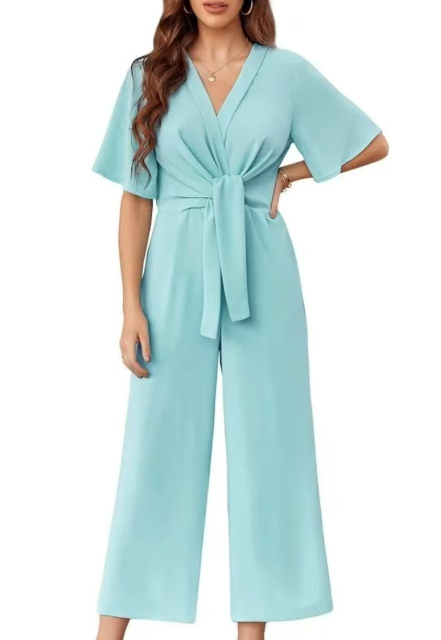 Damen eleganter Wickel-Jumpsuit mit weiten Beinen und Taillengürtel Heidi-Mode