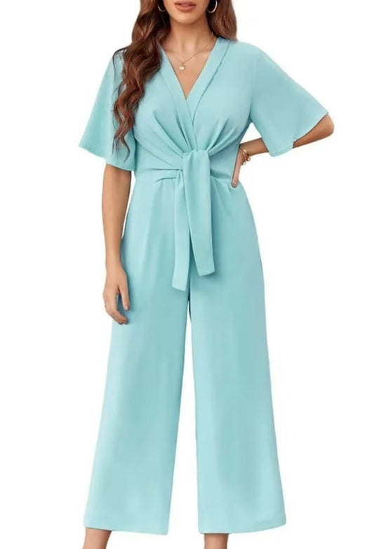Damen eleganter Wickel-Jumpsuit mit weiten Beinen und Taillengürtel Heidi-Mode