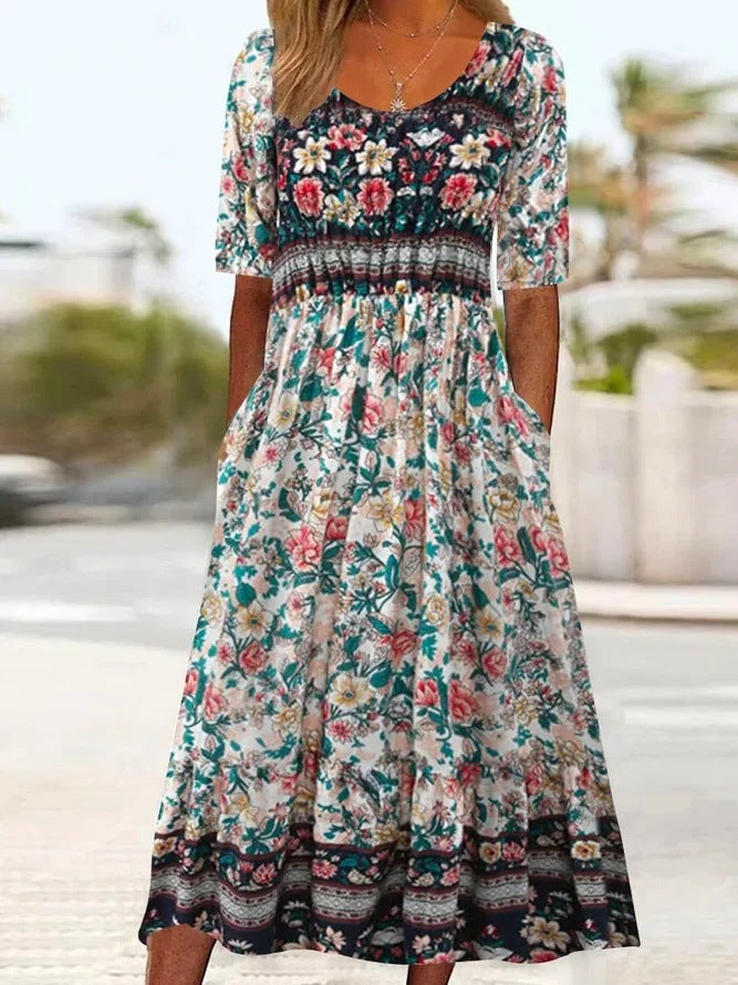Heidi Mode | Rundhalsausschnitt Kurzarm Bohemian Print Kleid Frauen