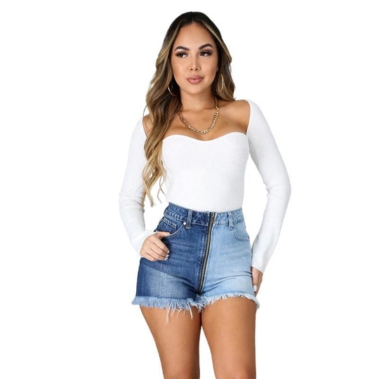 Damen Jeansshorts mit fransigem Saum und innovativem Reißverschlussdesign Heidi-Mode