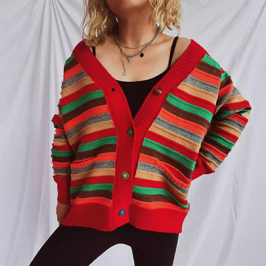 Damen Strickjacke mit buntem Streifenmuster und knöpfbarem Design Heidi-Mode