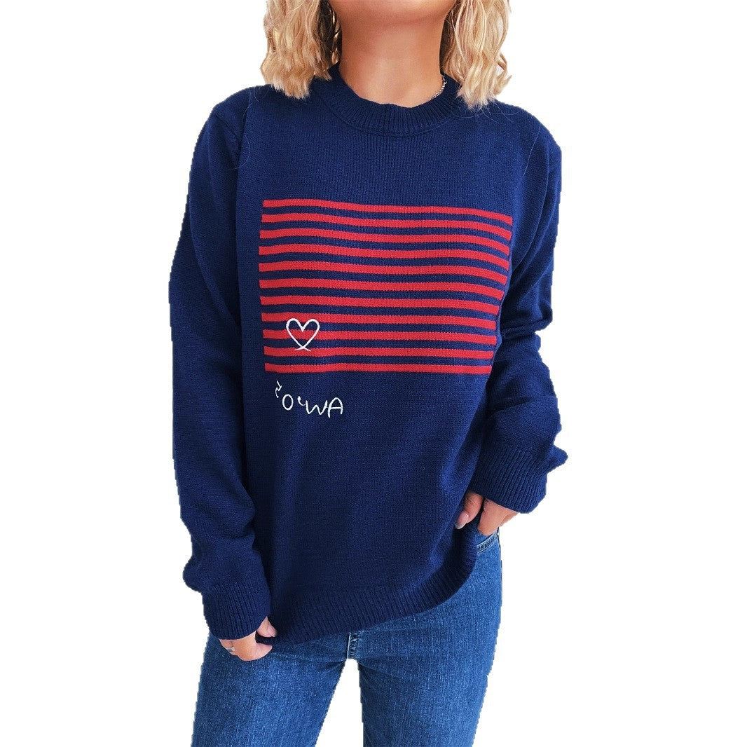 Damen lässiger Pullover mit gestreiftem Design und Herzapplikation Heidi-Mode
