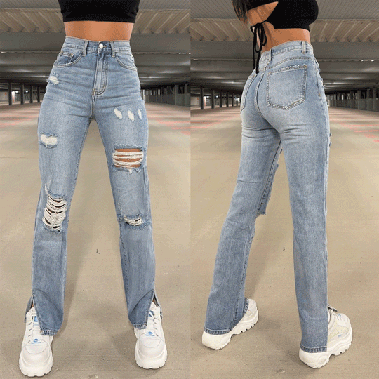 Damen Ripped Wide-Leg Jeans mit asymmetrischem Saum und hohen Details Heidi-Mode