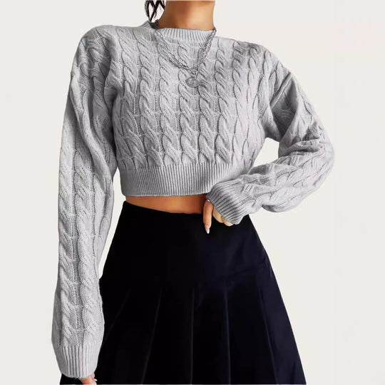 Damen kuscheliger Cropped Pullover mit Zopfmuster Heidi-Mode
