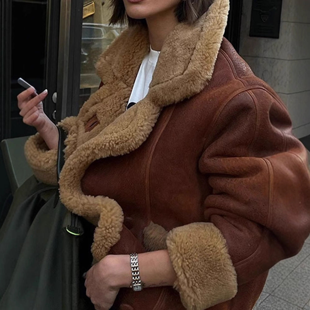 Damen Lässige und modische Teddyjacke mit großem Kragen und weich gefüttertem Innenleben Heidi-Mode