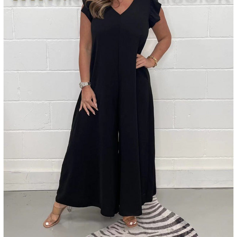 Damen luftiger Jumpsuit mit weit geschnittenem Bein und V-Ausschnitt Heidi-Mode
