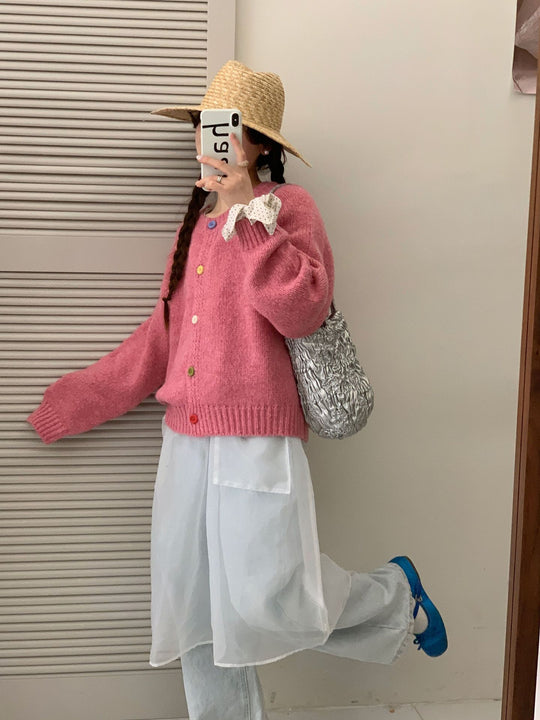 Damen Kuschelige Strickjacke mit bunten Knöpfen und lockerer Passform Heidi-Mode