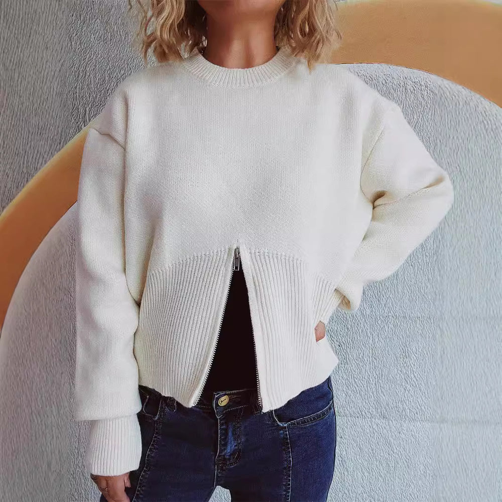 Damen gestreifter Pullover mit trendbewusstem Reißverschluss Heidi-Mode