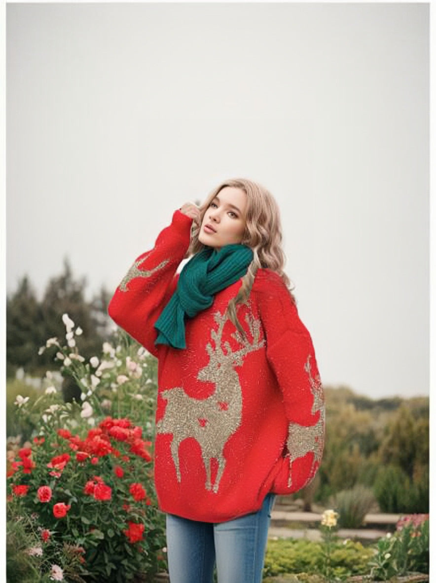 Damen Weihnachts-Pullover mit festlichem Schneeflocken-Motiv und weitem Schnitt Heidi-Mode