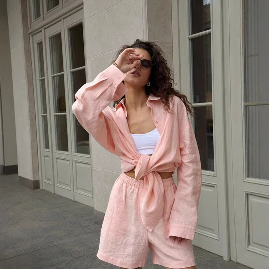 Damen lässiges Leinen Set mit lockerer Bluse und Shorts Heidi-Mode