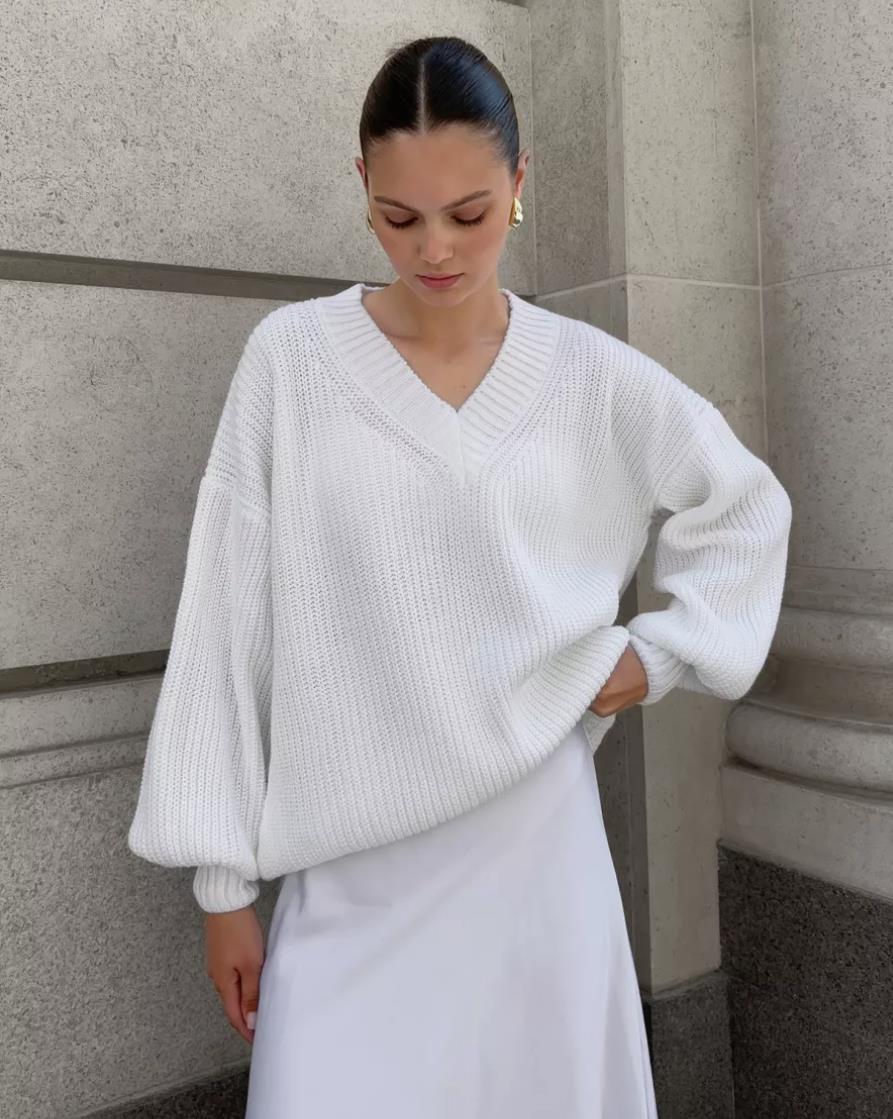 Damen V-Ausschnitt Strickpullover mit voluminösen Ärmeln und strukturierter Oberfläche Heidi-Mode