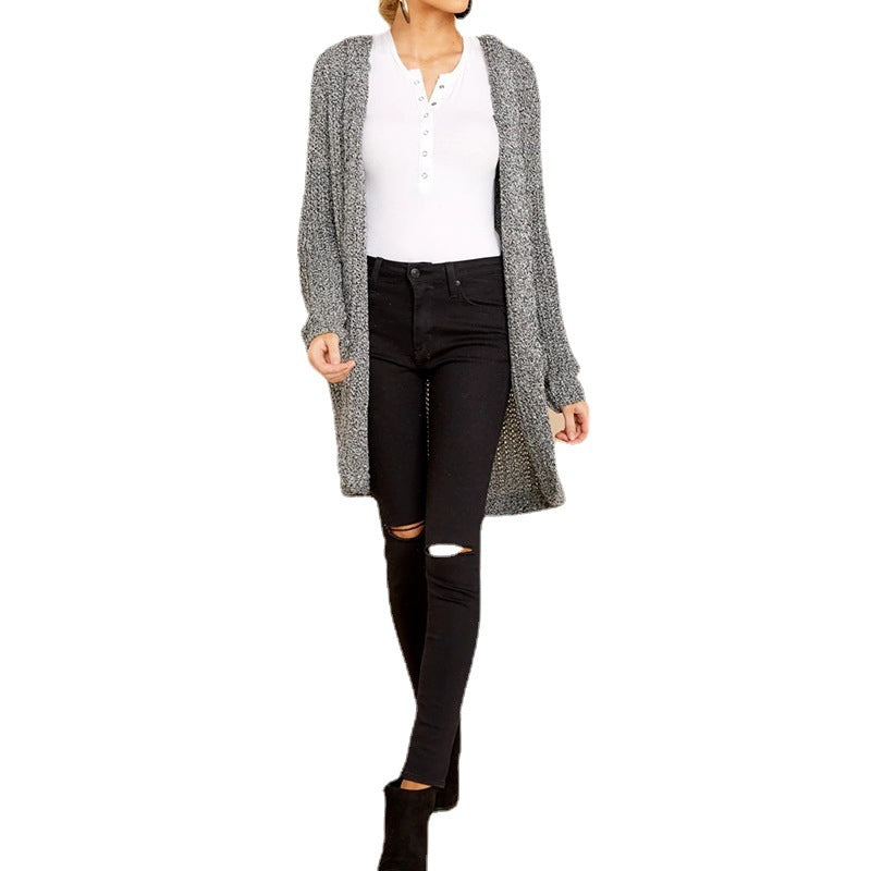 Damen kuschelige Strickjacke mit offener Front und Kapuze Heidi-Mode