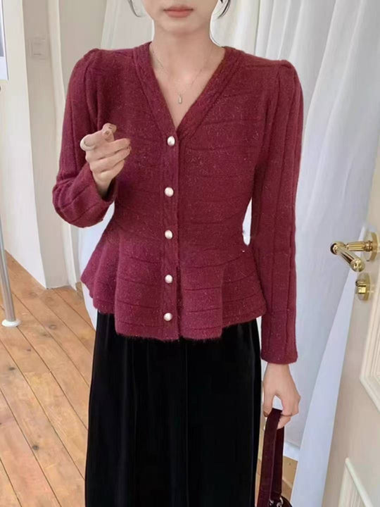 Damen elegante Strickjacke mit strukturiertem Design und femininen Puffärmeln Heidi-Mode