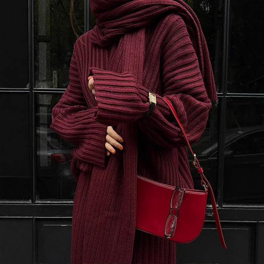 Damen Strickstoff Zweiteiler mit weitem Bein und oversized Oberteil Heidi-Mode